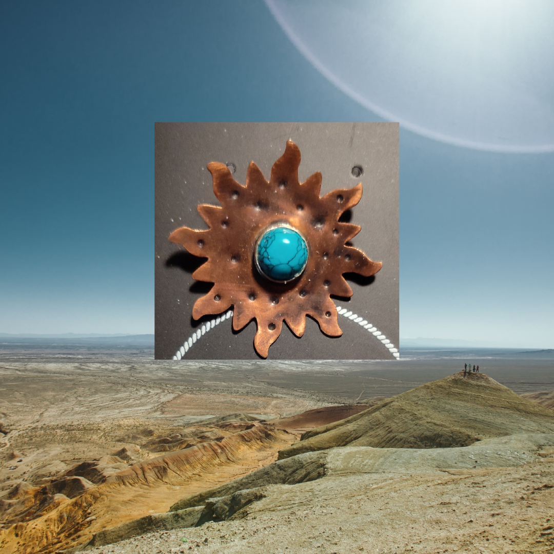 Copper sunburst turquoise hat pin