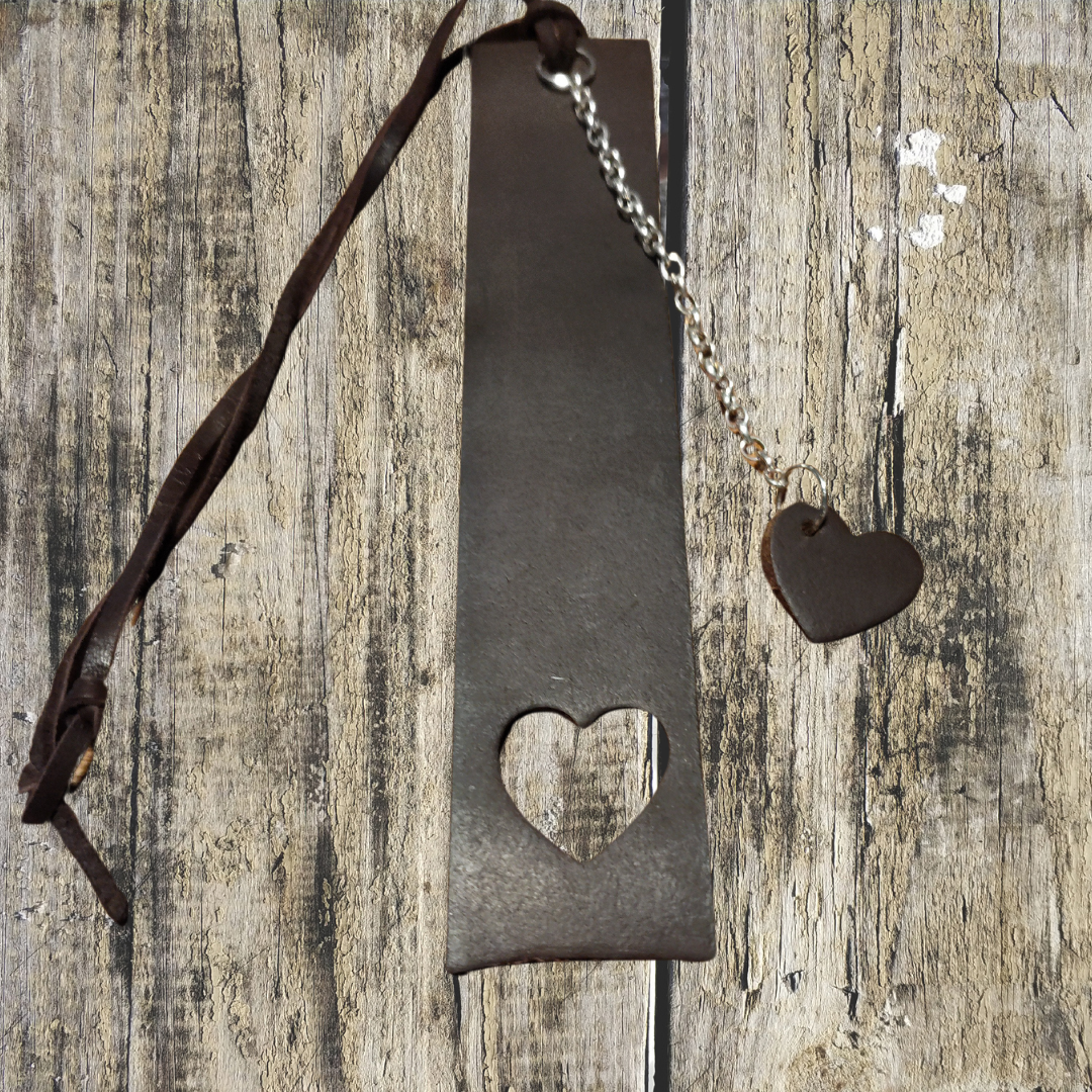 Dark brown upcycled leather heart bookmark