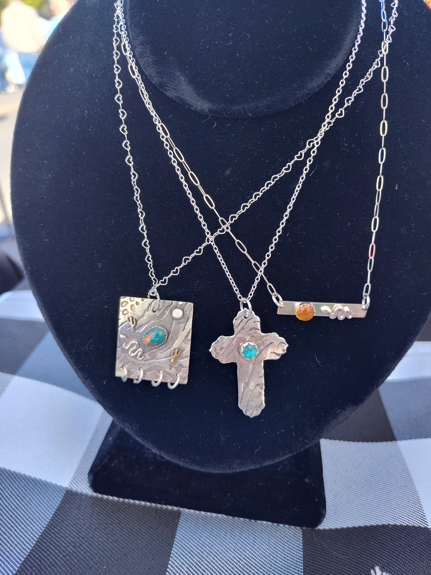 Sterling Silver Textured Cross with Turquoise Necklace