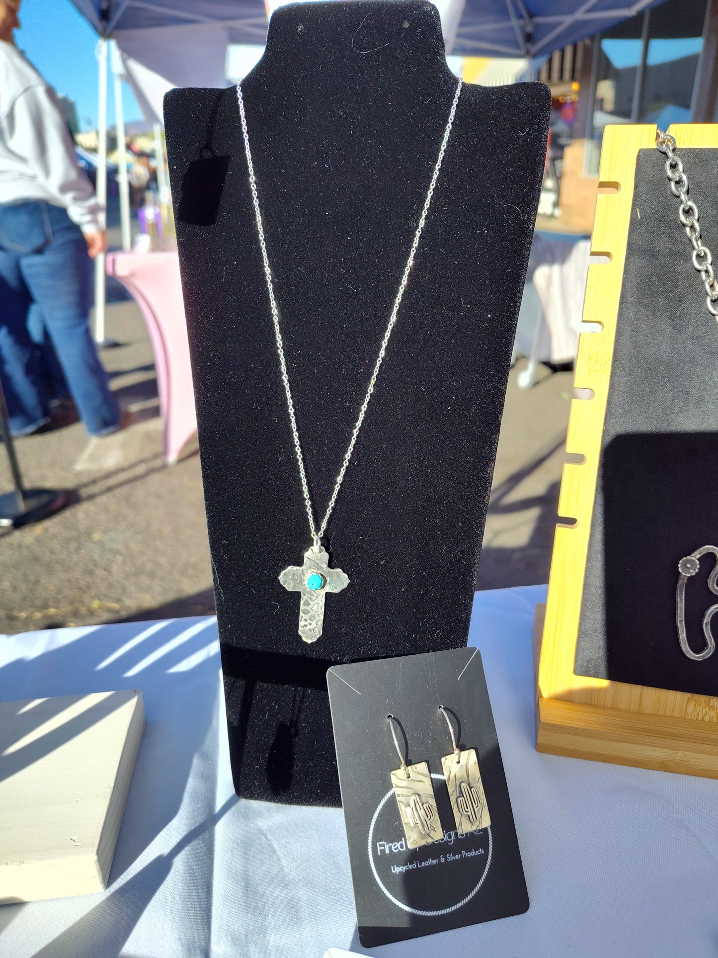 Sterling Silver Textured Cross with Turquoise Necklace