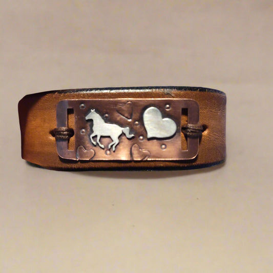 Upcycled leather sterling silver horse with heart and copper cuff bracelet