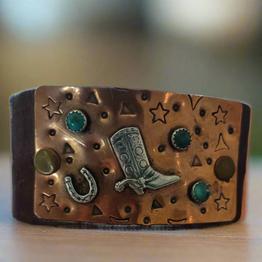 Sterling Silver Cowboy Boot Leather Cuff with copper and turquoise bracelet