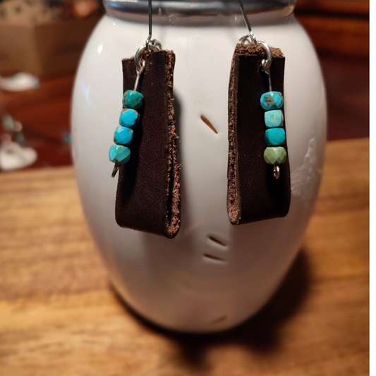 Upcycled dark leather long earring with turquoise