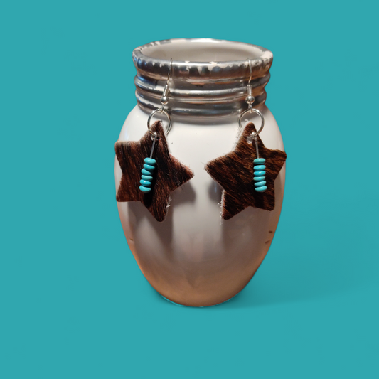 Upcycled star brown cowhide earrings with turquoise