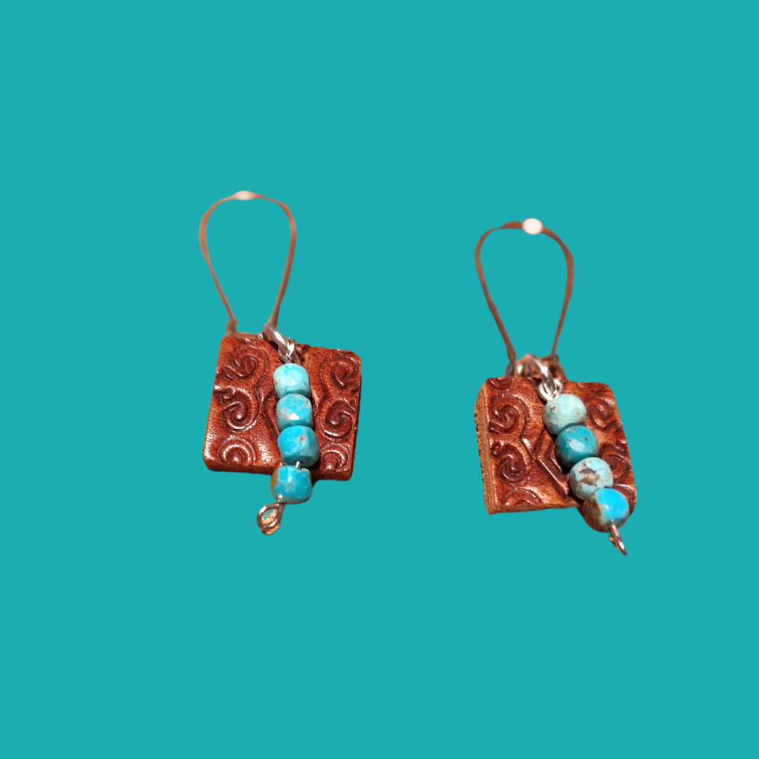 Upcycled leather square turquoise earrings