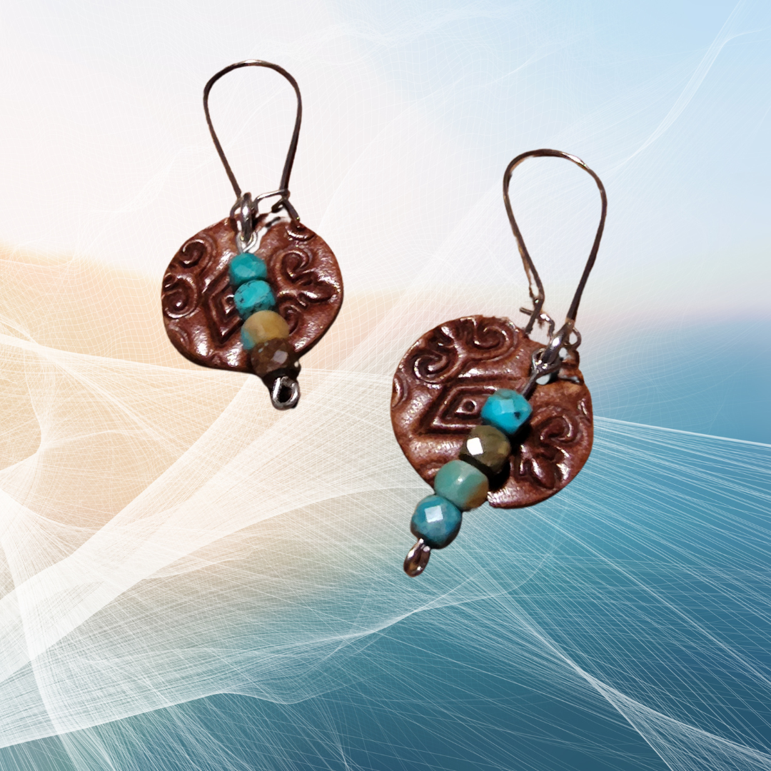 Upcycled leather circle turquoise earrings