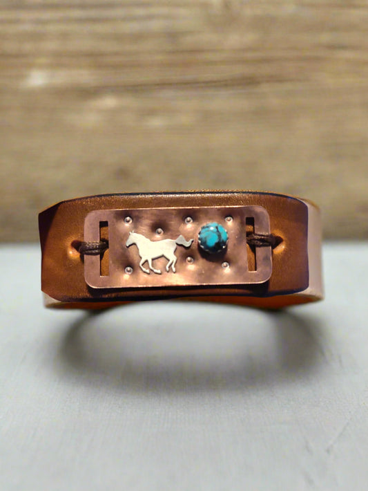 Upcycled leather sterling silver horse with turquoise and copper cuff bracelet