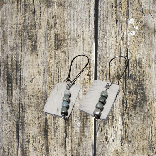 Upcycled white cowhide & turquoise rectangle earrings